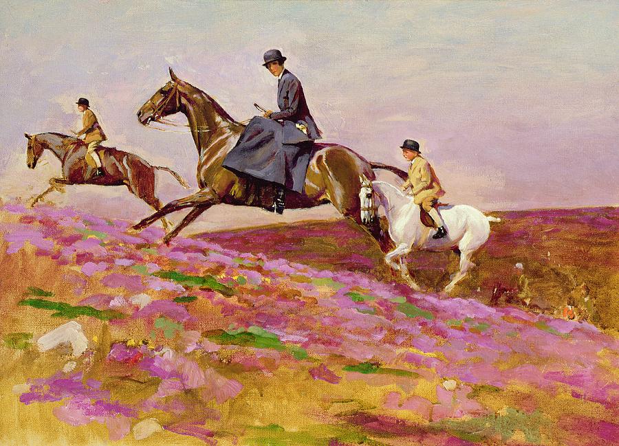 Cecil Charles Windsor Aldin Painting - Lady Currie with Her Sons Bill and Hamish Hunting on Exmoor  by Cecil Charles Windsor Aldin 