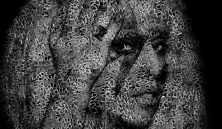 Lady Gaga Photograph - Lady Gaga Text Portrait - Typographic face poster with all the album titles and songs by Lady Gaga by SP JE Art
