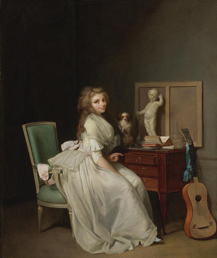Lady in a White Dress Seated at her Desk Painting by Louis Leopold Boilly
