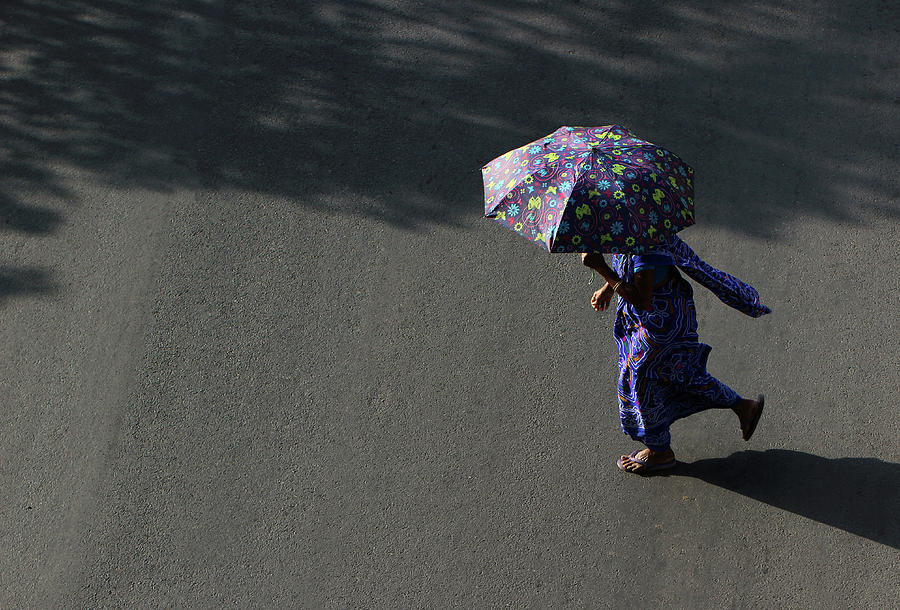 Lady in Blue Saree Crossing the Street with an Umbrella Photograph by Prakash Ghai
