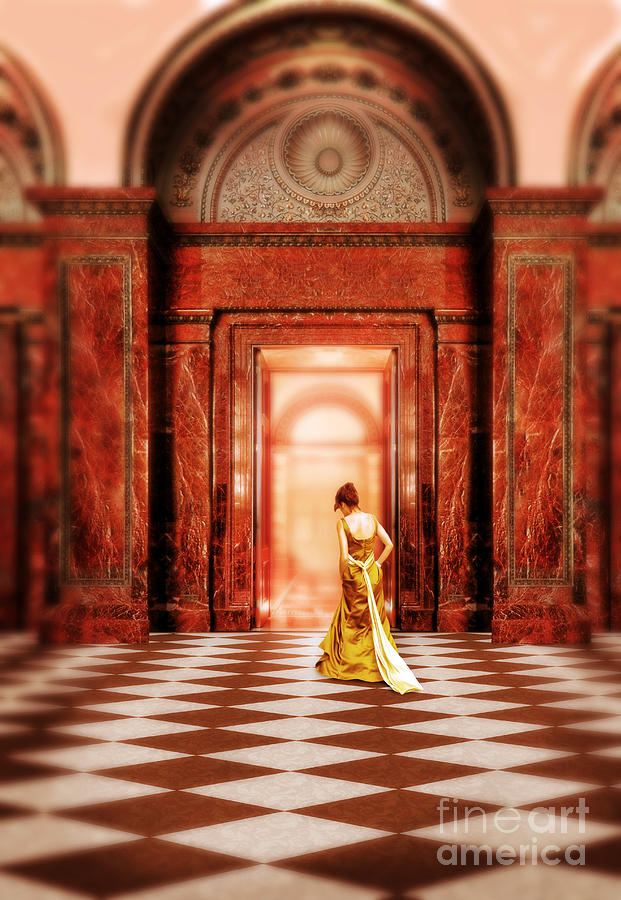 Lady in Golden Gown Walking Through Doorway Photograph by Jill Battaglia