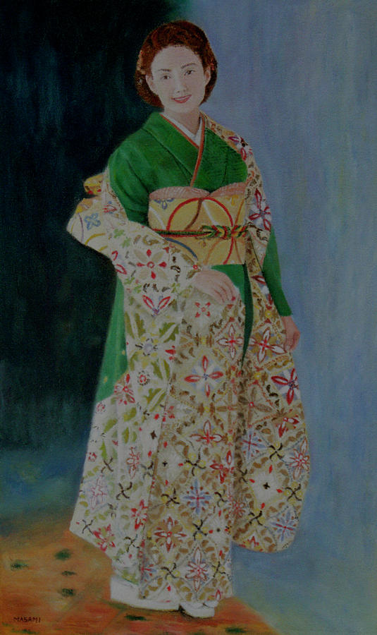 Lady In Green And Yellow Kimono Painting by Masami Iida