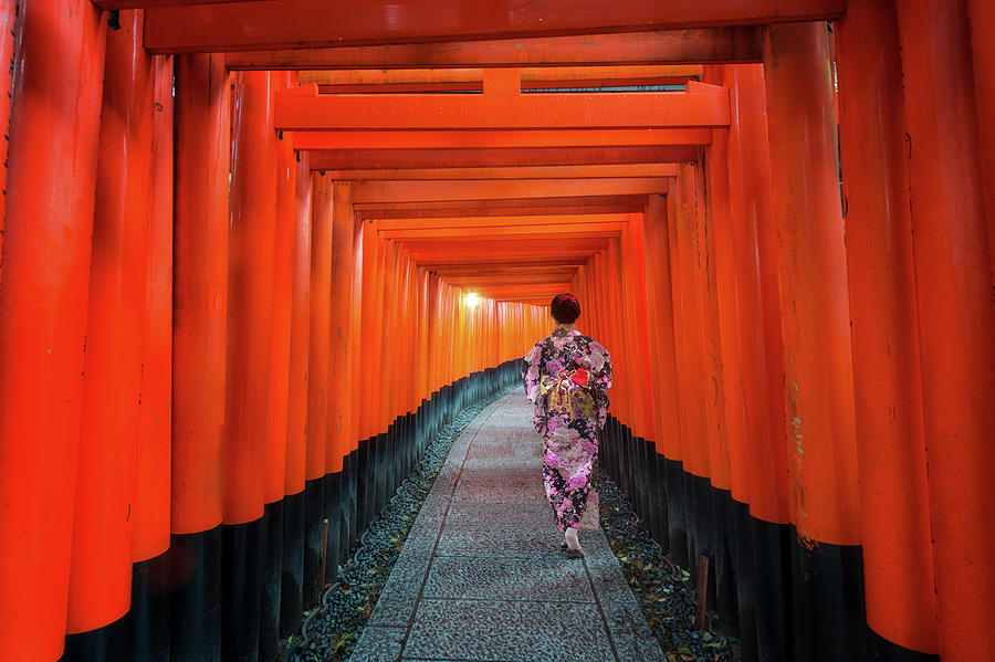 Lady in kimono walk in walking path in Japan temple Photograph by Anek ...
