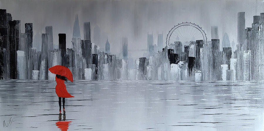London Painting - Lady in Red Dress and Red Umbrella Walking Alone through a Storm by Russell Collins