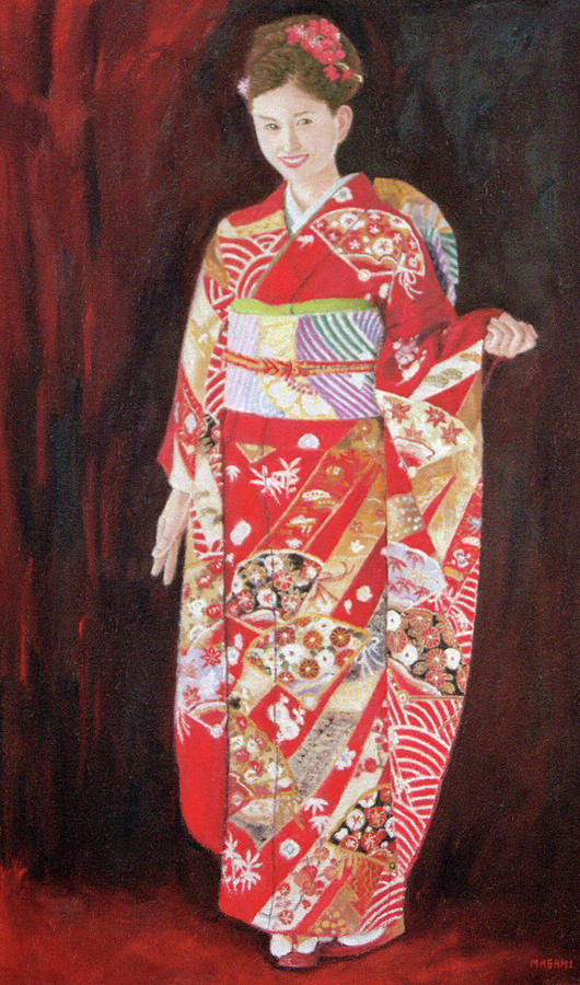 Lady In Red Kimono Painting by Masami Iida