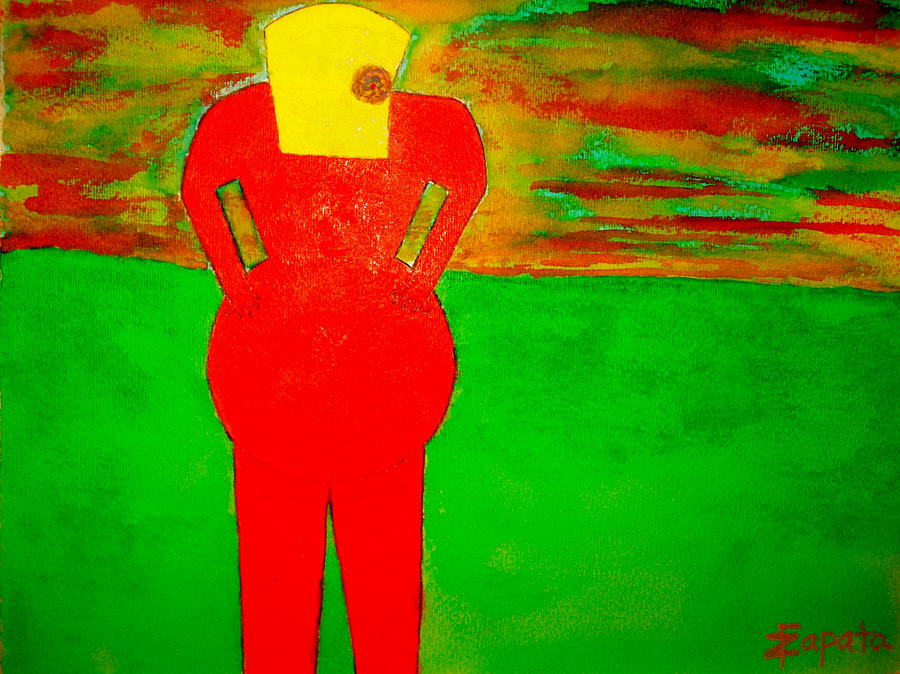 Lady in red looking at sunset Painting by Felix Zapata