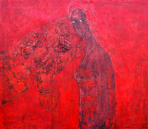 Lady In Red Painting by Ronex Ahimbisibwe