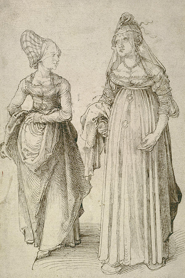 Lady in Venetian Dress Contrasted with a Nuremberg Hausfrau Drawing by Albrecht Durer