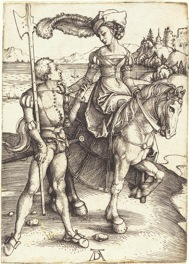 Lady on Horseback and the Lansquenet Drawing by Albrecht Durer