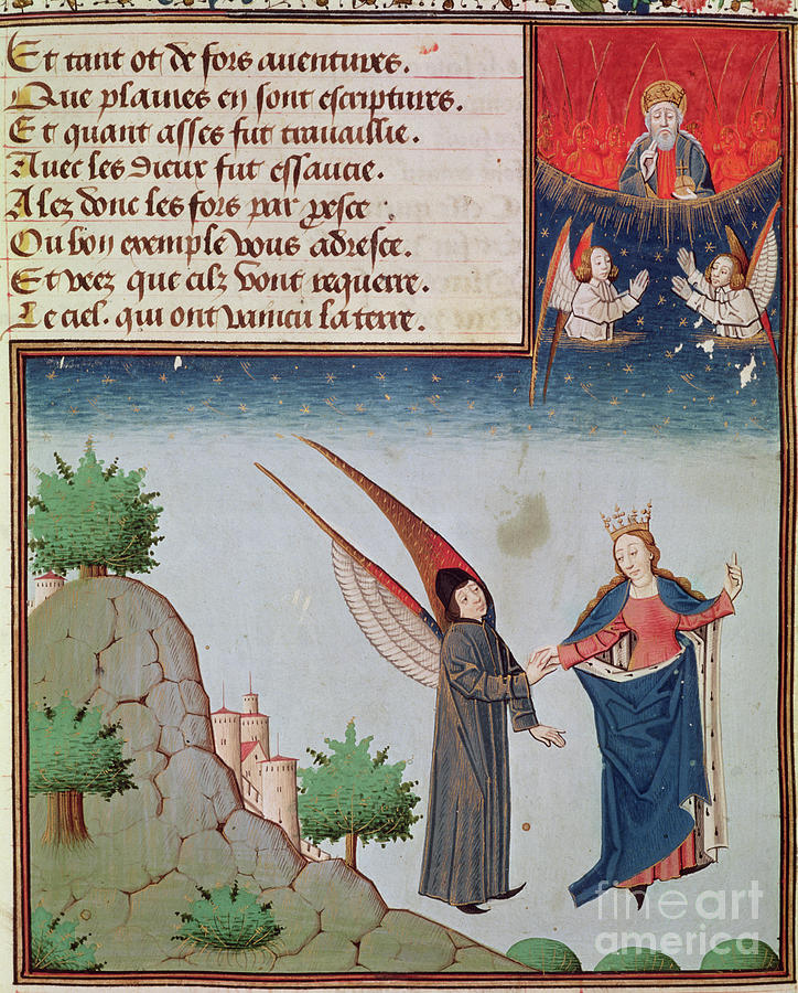 Lady Philosophy leads Boethius in flight into the sky on the wings that she has given him Drawing by French School