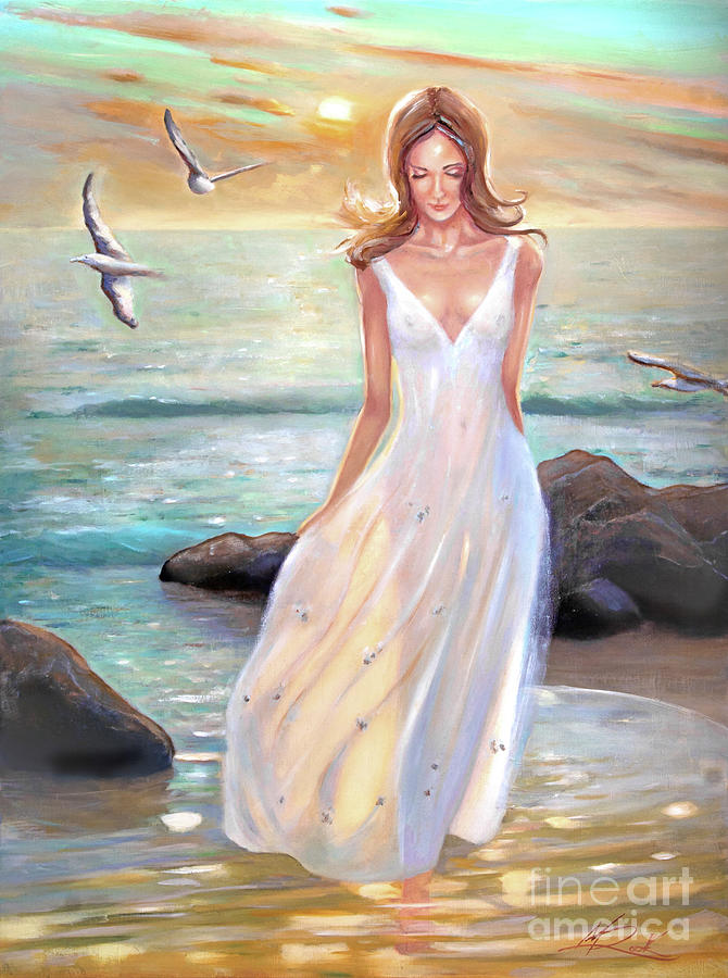 Lady walking on the beach Painting by Michael Rock