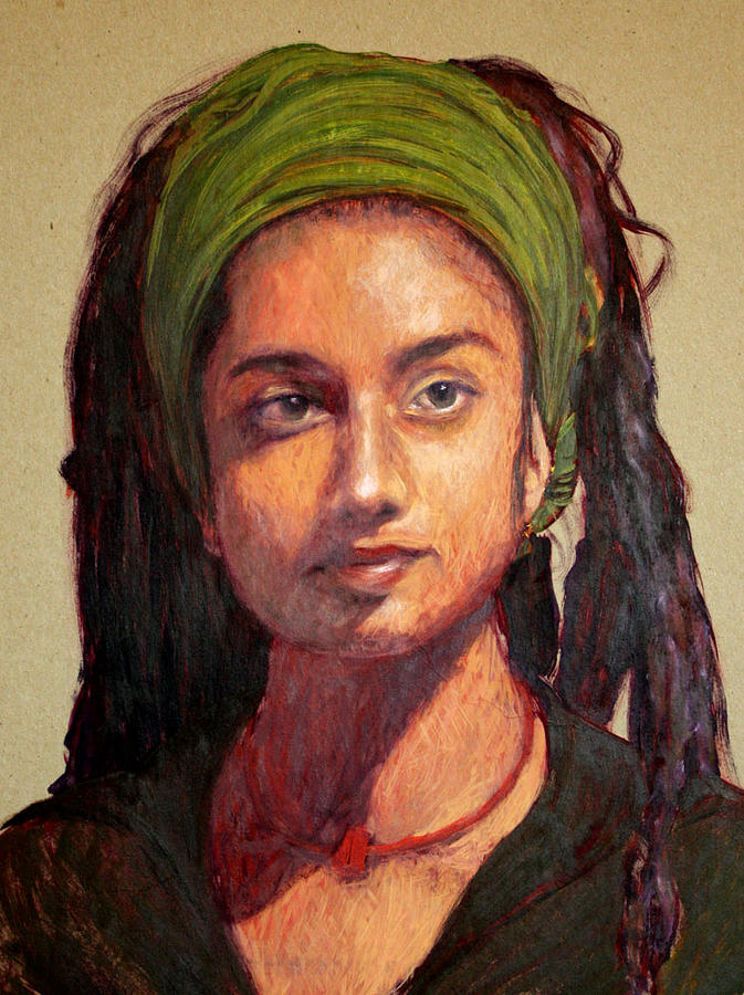Woman Portrait Painting - Lady with a green scarf by Cherri Lamarr