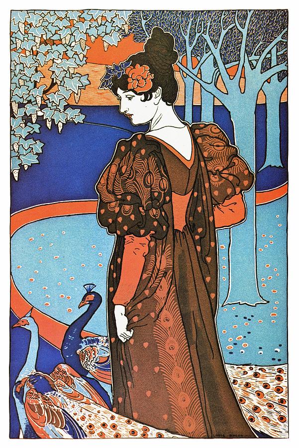 Lady with a pair of Peacock birds  in a garden - Vintage Art Nouveau Poster - Blue Mixed Media by Studio Grafiikka