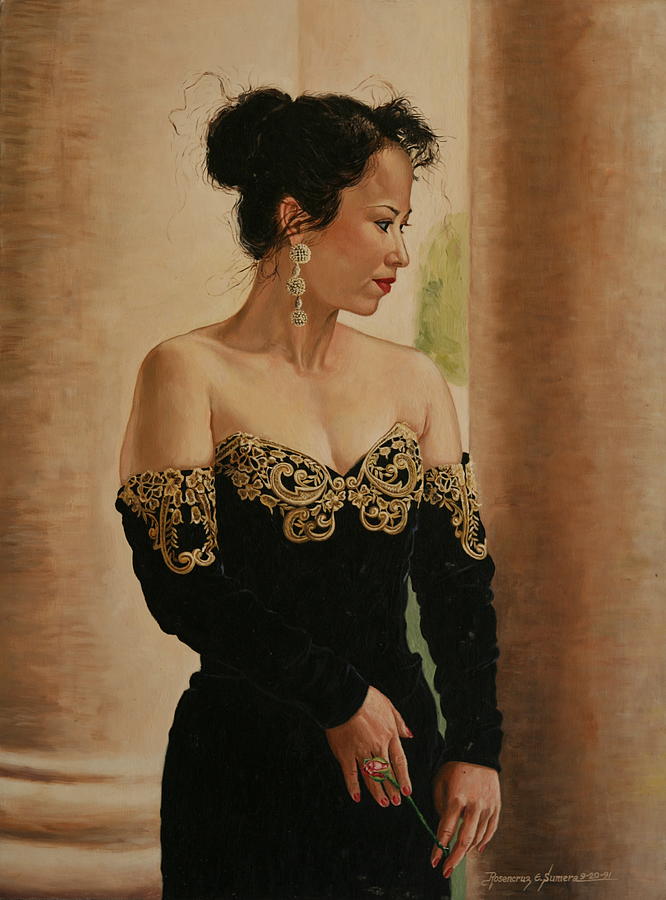 Portrait Painting - Lady with a rose by Rosencruz  Sumera