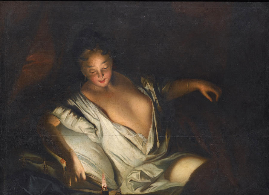Lady with an open Decollete reclining on a bed lighting a Candle Painting by Circle of Jean-Baptiste Santerre