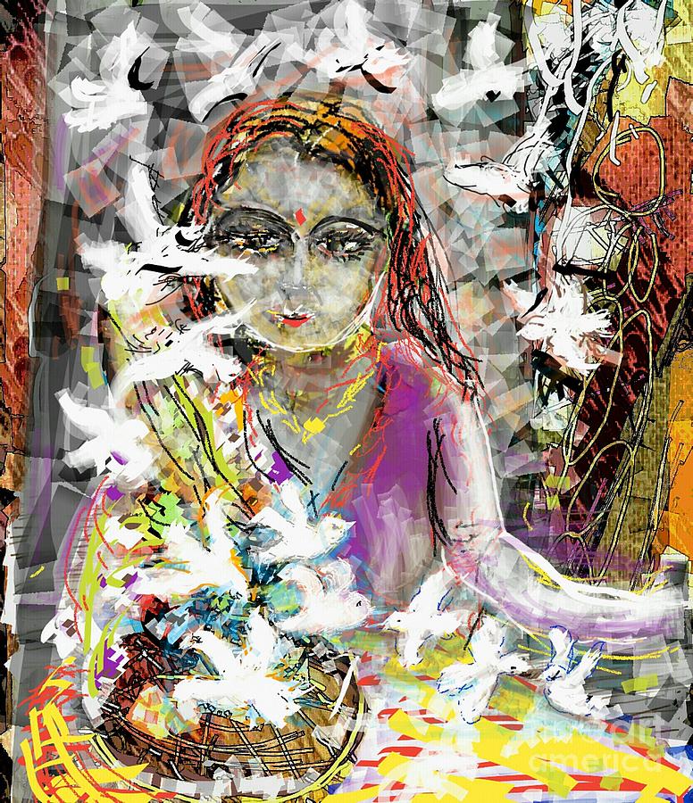 Lady with birds Digital Art by Subrata Bose