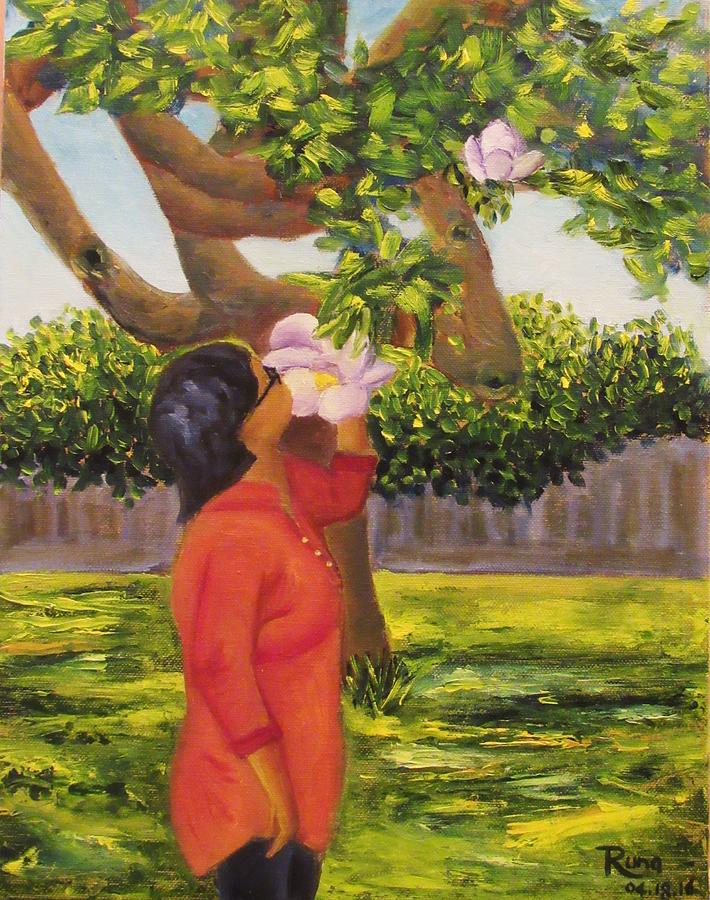 Magnolia Movie Painting - Lady with Magnolia by Runa Bakshi