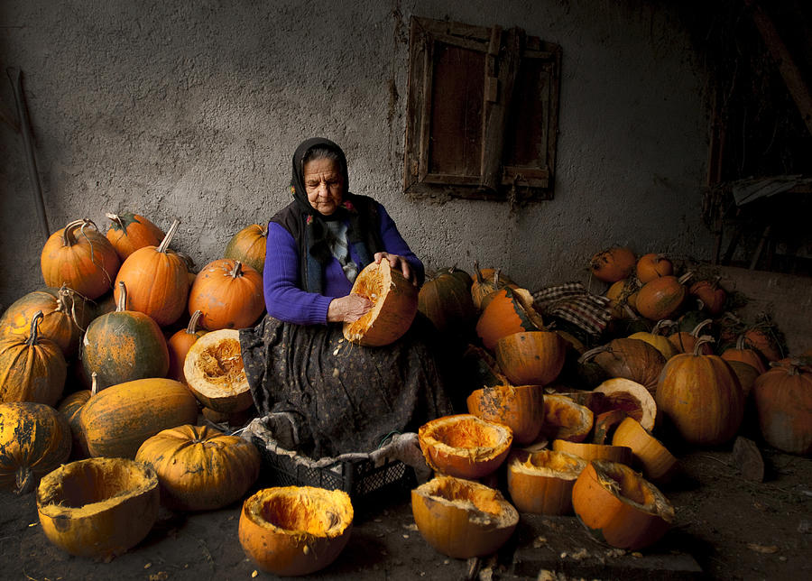 Pumpkin Photograph - Lady With Pumpkins by Mihnea Turcu