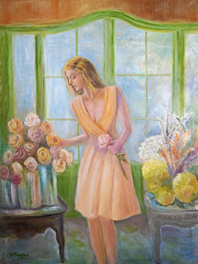 Lady with Roses at Flower Shop Painting by Verlaine Crawford