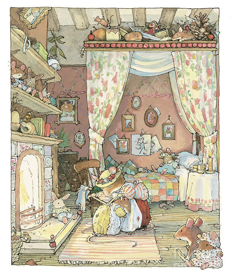 Mouse Drawing - Lady Woodmouse gets Primrose ready for bed by Brambly Hedge