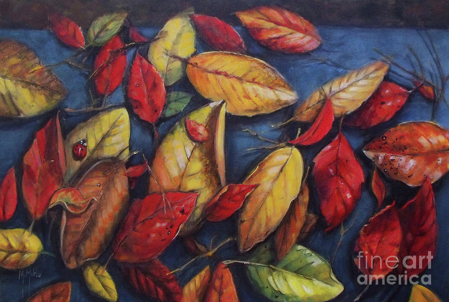 Ladybug and the Leaves leaf autumn pattern Painting by Mary Hubley