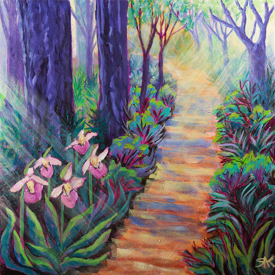 Ladyslippers on the Path Painting by Sheryl Karas