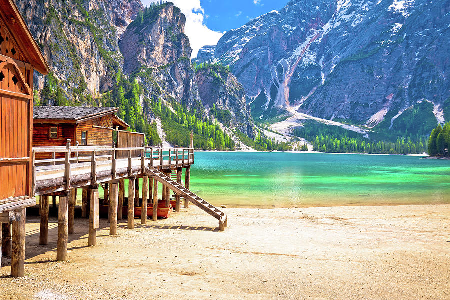 Lago di Braies turquoise water and Dolomites Alps view Photograph by Brch Photography