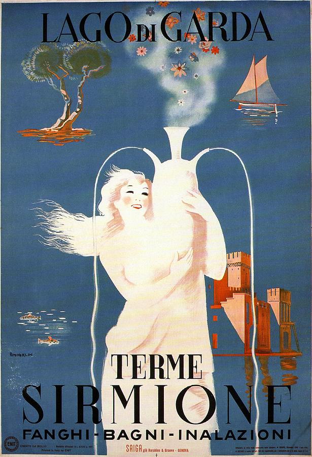 Vintage Mixed Media - Lago Di Garda - Terme Sirmione, Italy - Retro travel Poster - Vintage Poster by Studio Grafiikka