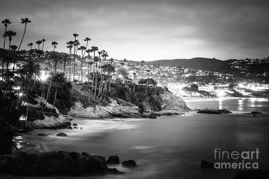 Laguna Beach at Night Black and White Picture Photograph by Paul Velgos