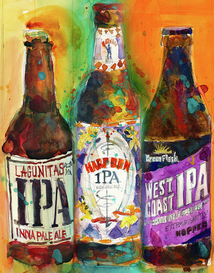 Beer Painting - Lagunitas IPA, Harpoon IPA, West Coast IPA Beer by Dorrie Rifkin