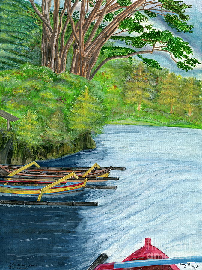 Lake Bratan Boats Bali Indonesia Painting by Melly Terpening