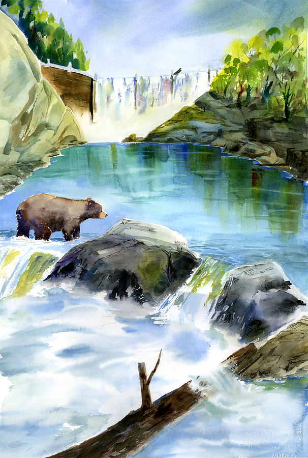 Lake Clementine Falls Bear Painting by Joan Chlarson