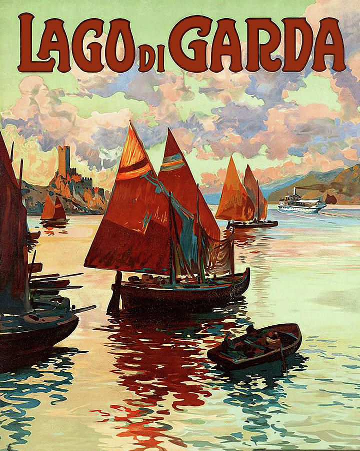 Vintage Painting - Lake Garda, Italy, sailing boats by Long Shot