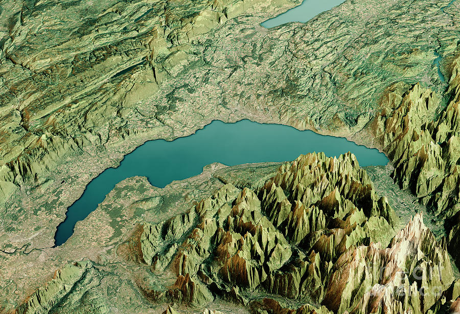 Lake Geneva 3d Render Satellite View Topographic Map Horizontal Digital Art By Frank Ramspott 5518
