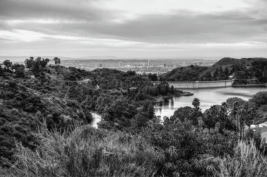 Hollywood Photograph - Lake Hollywood from Hollywood Hills in Black and White - Los Angeles California by Gregory Ballos