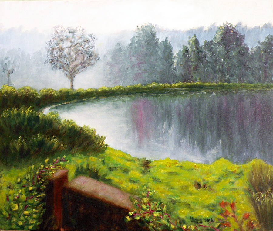 Lake in the park Painting by Uma Krishnamoorthy