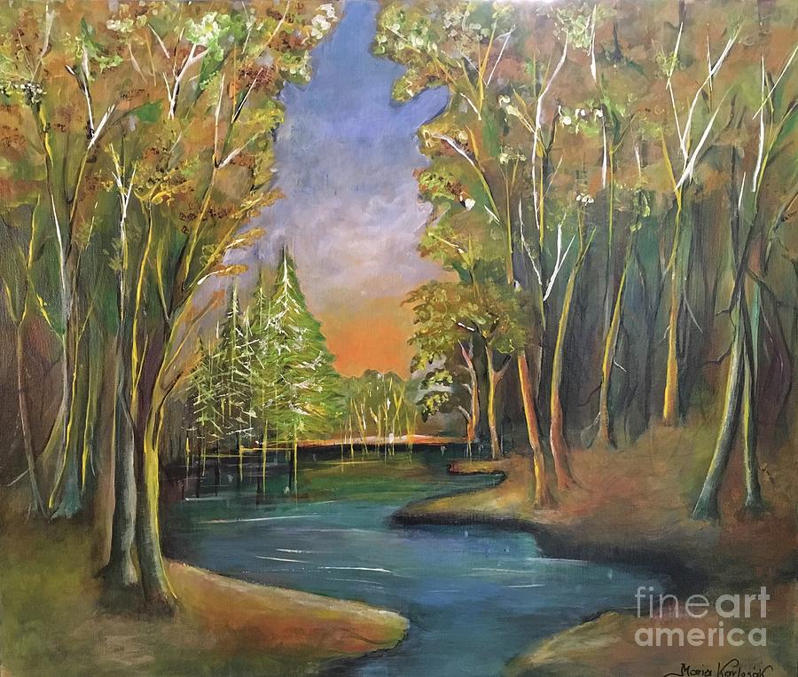 Lake in the woods  Painting by Maria Karlosak