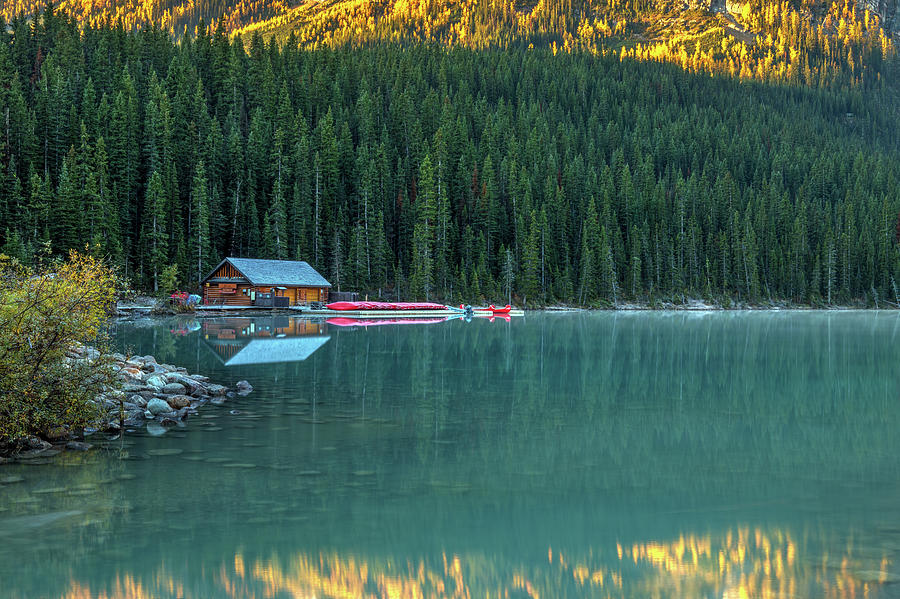 Lake Louise Canoe Shack in Autumn Photograph by Pierre Leclerc Photography
