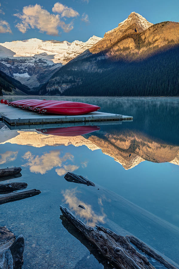 Lake Louise Canoes at Sunrise Photograph by Pierre Leclerc Photography