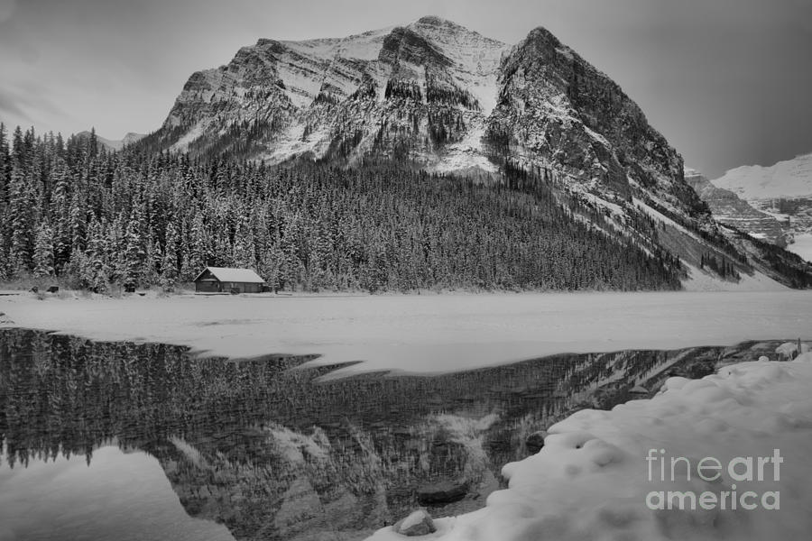 Lake Louise Frosty Sunrise Reflections Black And White Photograph by Adam Jewell