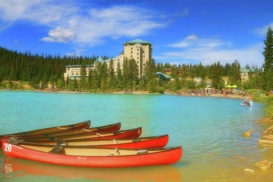 Red Canoes - Lake Louise Alberta Canada Photograph by Ola Allen