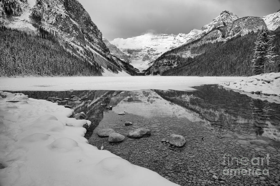 Lake Louise Snowy Reflections Black And White Photograph by Adam Jewell