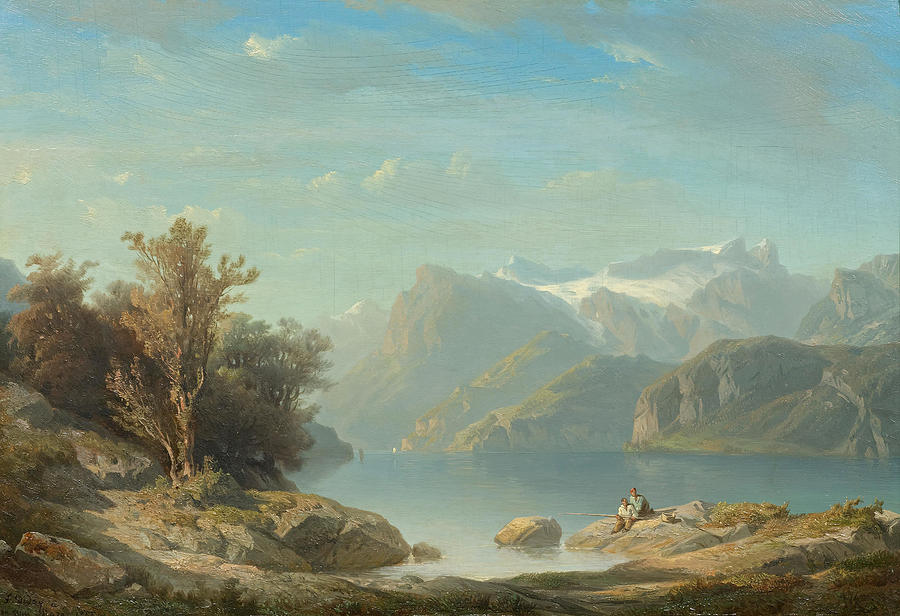 Lake Lucerne near Brunnen with a view of Seelisberg, the Rutli meadow and the Engelberger Rotstock Painting by Francois Diday