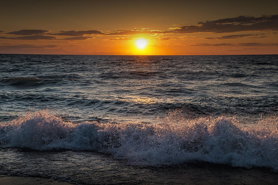 Lake Michigan Sunset with crashing shore waves Photograph by Randall Nyhof