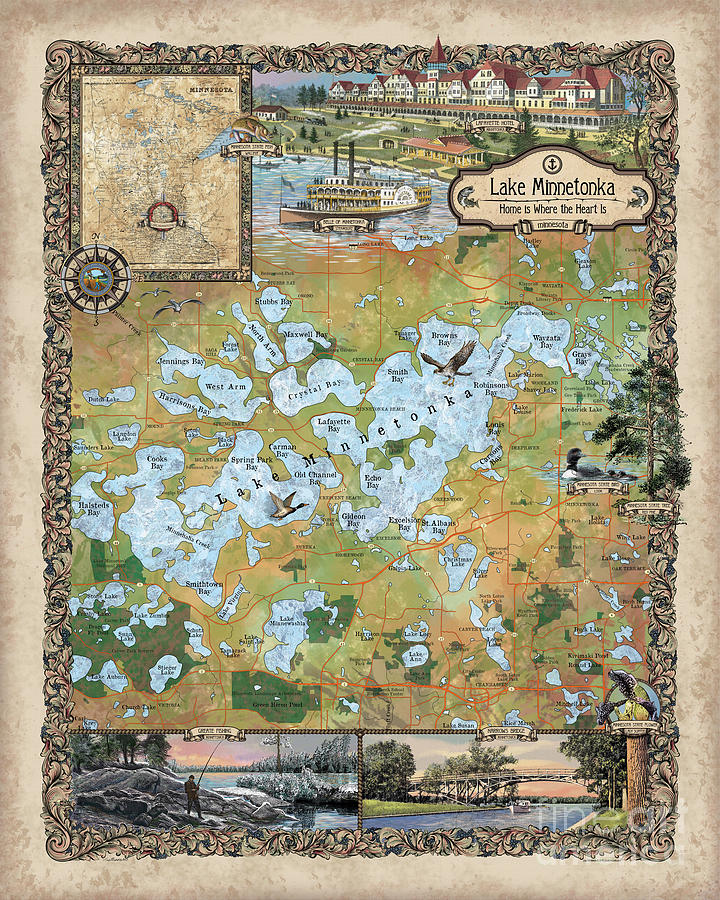 Lake Minnetonka, Hand-painted Historic Map, 259 Custom Map ...