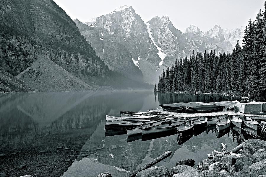 Lake Moraine Grayscale Photograph by Frozen in Time Fine Art Photography