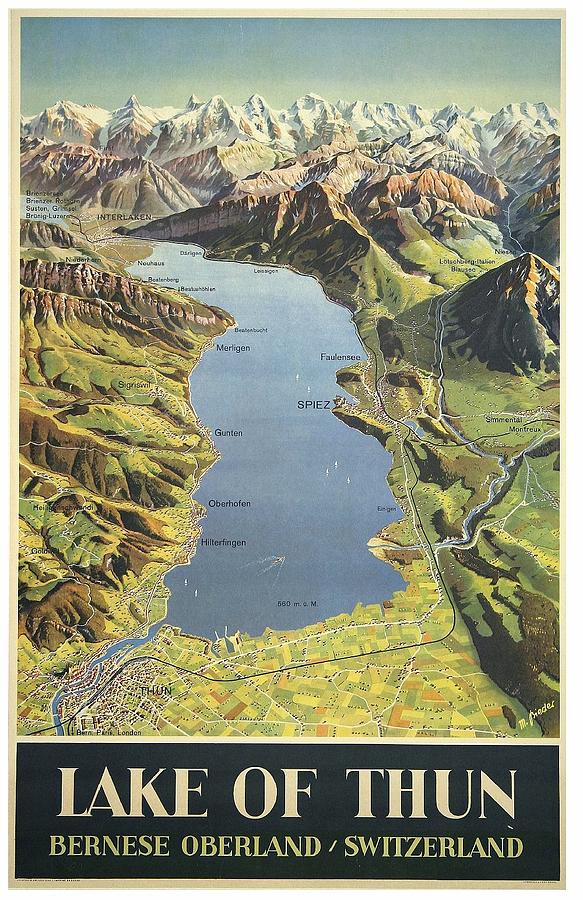 Lake of Thun, Switzerland - Vintage Travel Poster - Landscape Illustration Painting by Studio Grafiikka