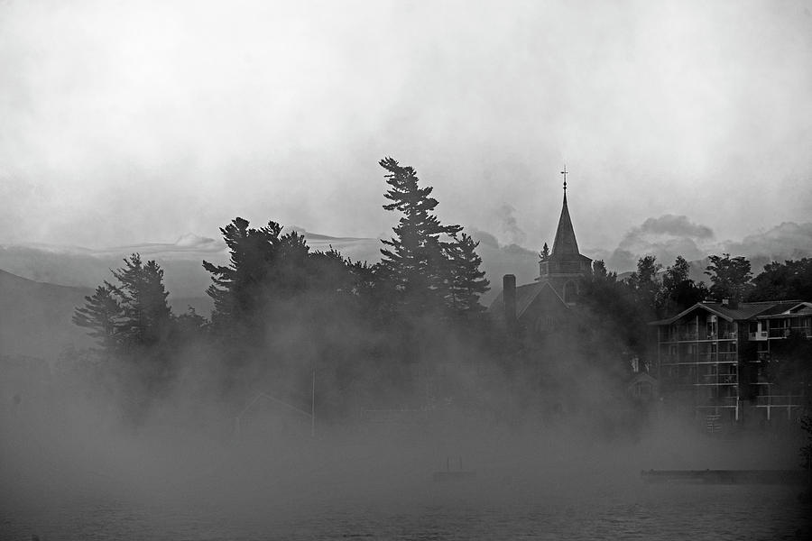 Lake Placid Community Church Shrouded in Fog Black and White Photograph by Toby McGuire