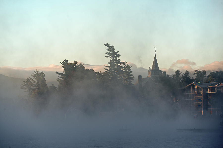 Lake Placid Community Church Shrouded in Fog Photograph by Toby McGuire