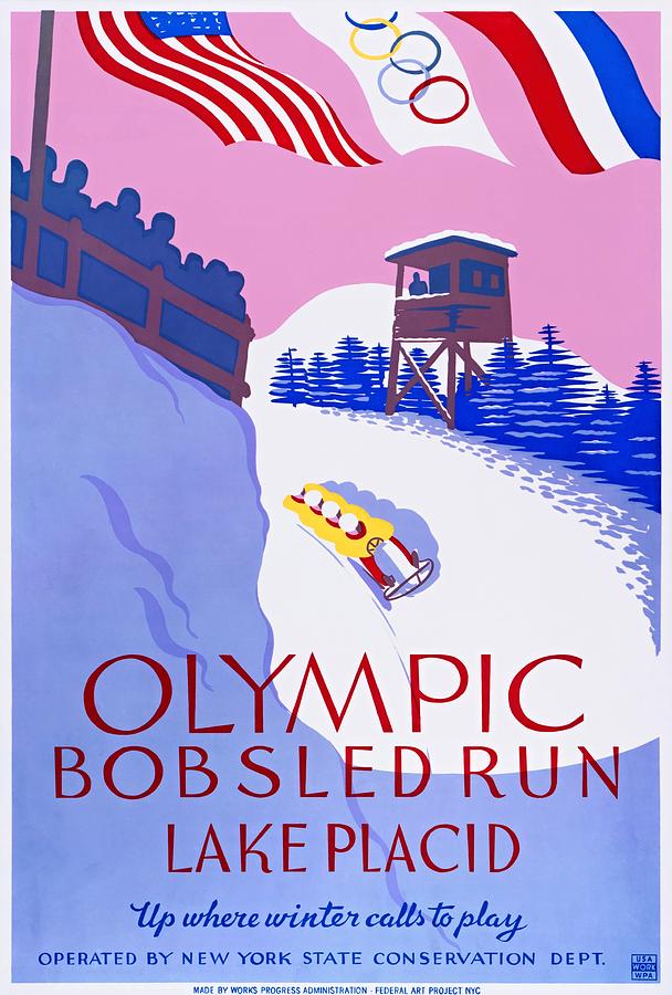 Lake Placid Olympic bobsled run, poster 1937 Painting by Vincent Monozlay